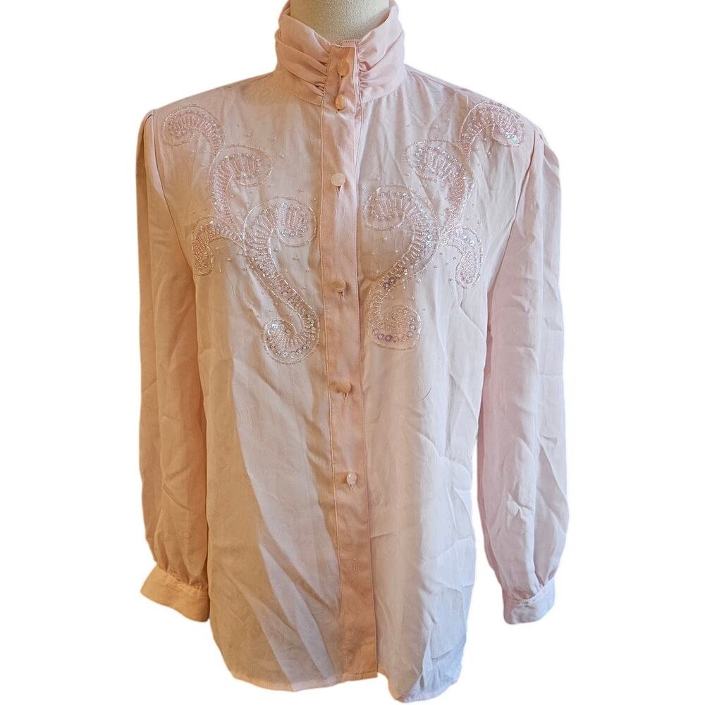 Vintage Laura & Jayne Soft Pink Floral Beaded High Neck‎ Top Shirt Women Size 10